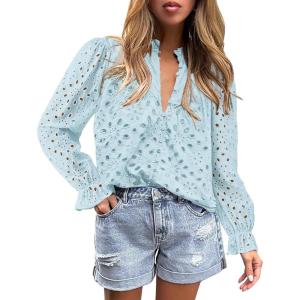 imagePRETTYGARDEN Womens Dressy Casual Blouse Tops Fall Spring Puff Long Sleeve Button V Neck Hollow Out Lace Embroidered ShirtsMint Green