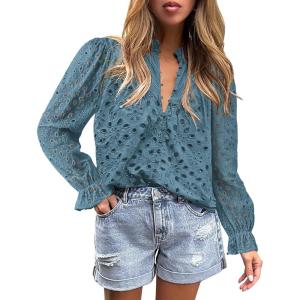 imagePRETTYGARDEN Womens Dressy Casual Blouse Tops Fall Spring Puff Long Sleeve Button V Neck Hollow Out Lace Embroidered ShirtsMist Blue