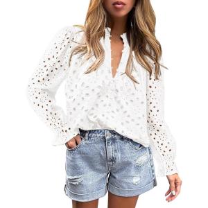 imagePRETTYGARDEN Womens Dressy Casual Blouse Tops Fall Spring Puff Long Sleeve Button V Neck Hollow Out Lace Embroidered ShirtsWhite