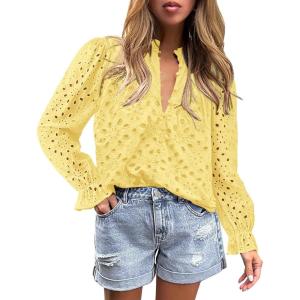 imagePRETTYGARDEN Womens Dressy Casual Blouse Tops Fall Spring Puff Long Sleeve Button V Neck Hollow Out Lace Embroidered ShirtsYellow