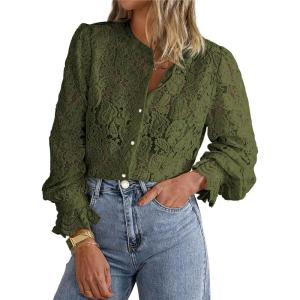imagePRETTYGARDEN Womens Dressy Casual Lace Blouse Long Sleeve Button Up Shirts Tops Spring Fall Fashion ClothesArmy Green