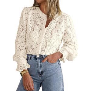 imagePRETTYGARDEN Womens Dressy Casual Lace Blouse Long Sleeve Button Up Shirts Tops Spring Fall Fashion ClothesBeige