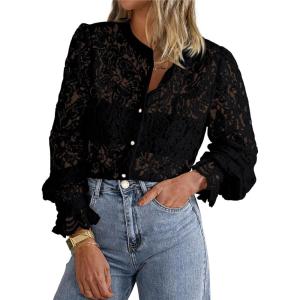 imagePRETTYGARDEN Womens Dressy Casual Lace Blouse Long Sleeve Button Up Shirts Tops Spring Fall Fashion ClothesBlack