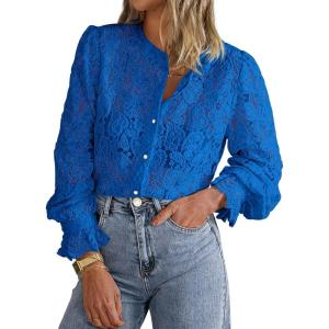 imagePRETTYGARDEN Womens Dressy Casual Lace Blouse Long Sleeve Button Up Shirts Tops Spring Fall Fashion ClothesBlue