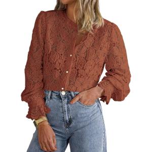 imagePRETTYGARDEN Womens Dressy Casual Lace Blouse Long Sleeve Button Up Shirts Tops Spring Fall Fashion ClothesBrick Red