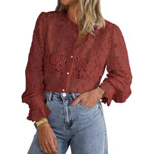 imagePRETTYGARDEN Womens Dressy Casual Lace Blouse Long Sleeve Button Up Shirts Tops Spring Fall Fashion ClothesBrown Red
