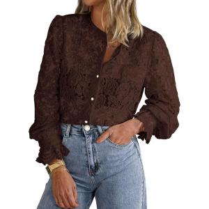 imagePRETTYGARDEN Womens Dressy Casual Lace Blouse Long Sleeve Button Up Shirts Tops Spring Fall Fashion ClothesCoffee