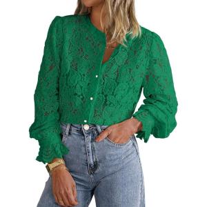 imagePRETTYGARDEN Womens Dressy Casual Lace Blouse Long Sleeve Button Up Shirts Tops Spring Fall Fashion ClothesDark Green