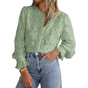 imagePRETTYGARDEN Womens Dressy Casual Lace Blouse Long Sleeve Button Up Shirts Tops Spring Fall Fashion ClothesDusty Green