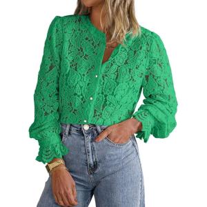 imagePRETTYGARDEN Womens Dressy Casual Lace Blouse Long Sleeve Button Up Shirts Tops Spring Fall Fashion ClothesGreen