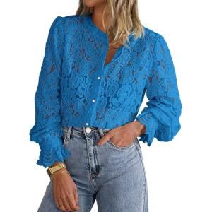imagePRETTYGARDEN Womens Dressy Casual Lace Blouse Long Sleeve Button Up Shirts Tops Spring Fall Fashion ClothesGrey Blue