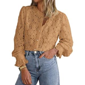 imagePRETTYGARDEN Womens Dressy Casual Lace Blouse Long Sleeve Button Up Shirts Tops Spring Fall Fashion ClothesKhaki