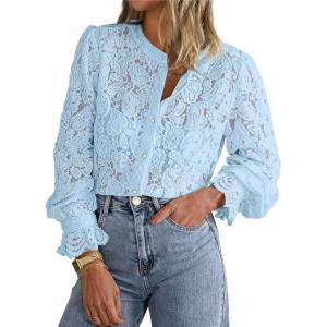 imagePRETTYGARDEN Womens Dressy Casual Lace Blouse Long Sleeve Button Up Shirts Tops Spring Fall Fashion ClothesLight Blue