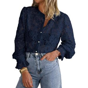 imagePRETTYGARDEN Womens Dressy Casual Lace Blouse Long Sleeve Button Up Shirts Tops Spring Fall Fashion ClothesNavy