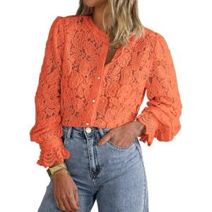 imagePRETTYGARDEN Womens Dressy Casual Lace Blouse Long Sleeve Button Up Shirts Tops Spring Fall Fashion ClothesOrange
