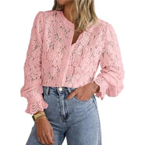 imagePRETTYGARDEN Womens Dressy Casual Lace Blouse Long Sleeve Button Up Shirts Tops Spring Fall Fashion ClothesPink