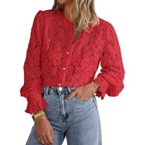imagePRETTYGARDEN Womens Dressy Casual Lace Blouse Long Sleeve Button Up Shirts Tops Spring Fall Fashion ClothesRed