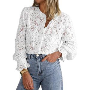 imagePRETTYGARDEN Womens Dressy Casual Lace Blouse Long Sleeve Button Up Shirts Tops Spring Fall Fashion ClothesWhite