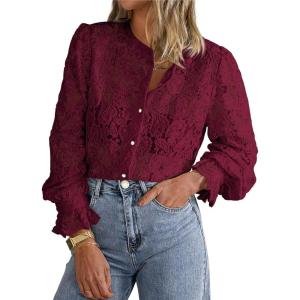 imagePRETTYGARDEN Womens Dressy Casual Lace Blouse Long Sleeve Button Up Shirts Tops Spring Fall Fashion ClothesWine Red