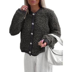 imagePRETTYGARDEN Womens Faux Fur Coat 2025 Fall Fuzzy Fleece Button up Shearling Cropped Jackets Winter Trendy OuterwearDark Grey