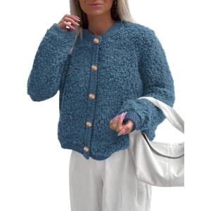 imagePRETTYGARDEN Womens Faux Fur Coat 2025 Fall Fuzzy Fleece Button up Shearling Cropped Jackets Winter Trendy OuterwearDenim Blue