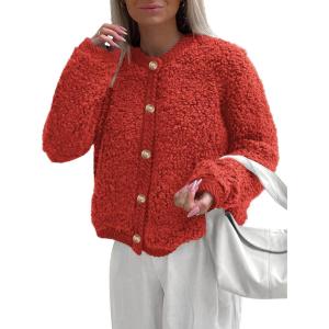 imagePRETTYGARDEN Womens Faux Fur Coat 2025 Fall Fuzzy Fleece Button up Shearling Cropped Jackets Winter Trendy OuterwearRed