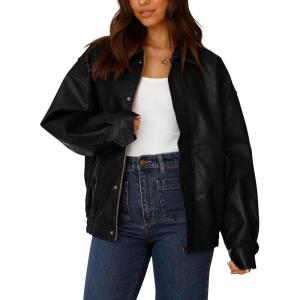 imagePRETTYGARDEN Womens Faux Leather Motorcycle Jacket Trendy Fall Spring Clothes Oversized Zip Up Winter Coat OuterwearBlack