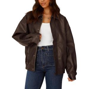 imagePRETTYGARDEN Womens Faux Leather Motorcycle Jacket Trendy Fall Spring Clothes Oversized Zip Up Winter Coat OuterwearDark Coffee