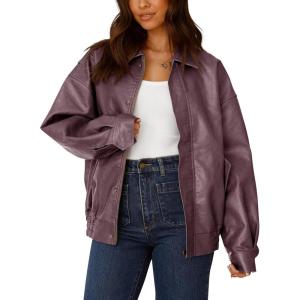 imagePRETTYGARDEN Womens Faux Leather Motorcycle Jacket Trendy Fall Spring Clothes Oversized Zip Up Winter Coat OuterwearPurple