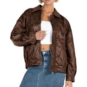 imagePRETTYGARDEN Womens Faux Leather Motorcycle Jacket Trendy Fall Spring Clothes Oversized Zip Up Winter Coat OuterwearStyle2brown