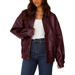 imagePRETTYGARDEN Womens Faux Leather Motorcycle Jacket Trendy Fall Spring Clothes Oversized Zip Up Winter Coat OuterwearWine Red