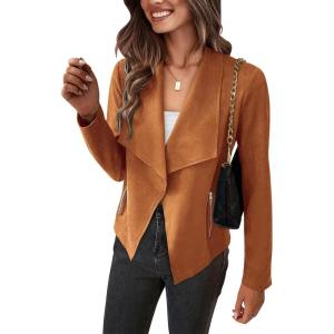 imagePRETTYGARDEN Womens Faux Suede Jackets 2025 Fashion Fall Clothes Long Sleeve Open Front Cropped Coat OutwearBrown