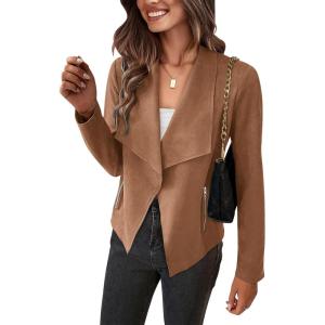 imagePRETTYGARDEN Womens Faux Suede Jackets 2025 Fashion Fall Clothes Long Sleeve Open Front Cropped Coat OutwearCamel