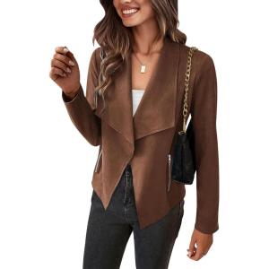 imagePRETTYGARDEN Womens Faux Suede Jackets 2025 Fashion Fall Clothes Long Sleeve Open Front Cropped Coat OutwearCoffee