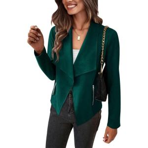 imagePRETTYGARDEN Womens Faux Suede Jackets 2025 Fashion Fall Clothes Long Sleeve Open Front Cropped Coat OutwearDark Green