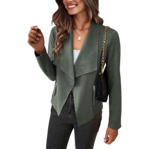 imagePRETTYGARDEN Womens Faux Suede Jackets 2025 Fashion Fall Clothes Long Sleeve Open Front Cropped Coat OutwearLight Green
