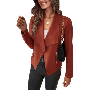 imagePRETTYGARDEN Womens Faux Suede Jackets 2025 Fashion Fall Clothes Long Sleeve Open Front Cropped Coat OutwearRust Red