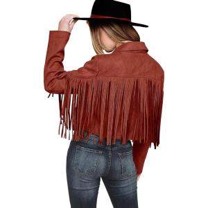imagePRETTYGARDEN Womens Fringe Faux Suede Leather Jackets Fall Fashion 2025 Tassel Motorcycle Cropped CoatsBrick Red