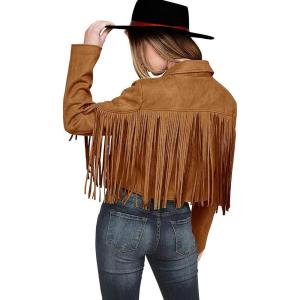 imagePRETTYGARDEN Womens Fringe Faux Suede Leather Jackets Fall Fashion 2025 Tassel Motorcycle Cropped CoatsBrown Yellow