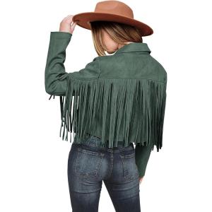 imagePRETTYGARDEN Womens Fringe Faux Suede Leather Jackets Fall Fashion 2025 Tassel Motorcycle Cropped CoatsGreen