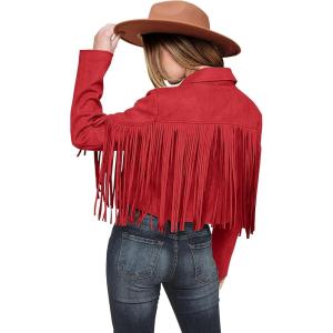 imagePRETTYGARDEN Womens Fringe Faux Suede Leather Jackets Fall Fashion 2025 Tassel Motorcycle Cropped CoatsRed