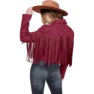 imagePRETTYGARDEN Womens Fringe Faux Suede Leather Jackets Fall Fashion 2025 Tassel Motorcycle Cropped CoatsWine Red