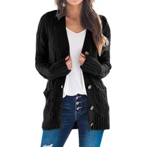 imagePRETTYGARDEN Womens Open Front Cardigan Sweaters Fall Fashion Button Down Cable Knit Chunky Winter Clothing Outerwear CoatsBlack