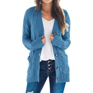 imagePRETTYGARDEN Womens Open Front Cardigan Sweaters Fall Fashion Button Down Cable Knit Chunky Winter Clothing Outerwear CoatsBlue