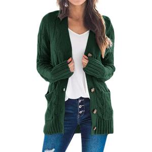 imagePRETTYGARDEN Womens Open Front Cardigan Sweaters Fall Fashion Button Down Cable Knit Chunky Winter Clothing Outerwear CoatsDark Green