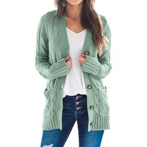 imagePRETTYGARDEN Womens Open Front Cardigan Sweaters Fall Fashion Button Down Cable Knit Chunky Winter Clothing Outerwear CoatsGreen