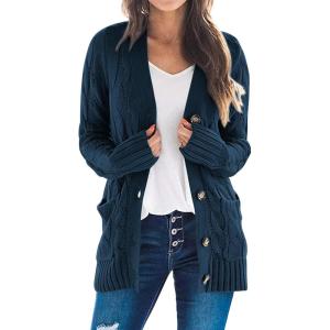 imagePRETTYGARDEN Womens Open Front Cardigan Sweaters Fall Fashion Button Down Cable Knit Chunky Winter Clothing Outerwear CoatsLake Blue