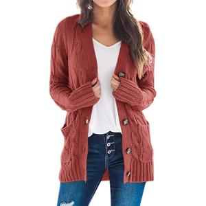 imagePRETTYGARDEN Womens Open Front Cardigan Sweaters Fall Fashion Button Down Cable Knit Chunky Winter Clothing Outerwear CoatsRed