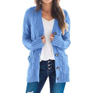 imagePRETTYGARDEN Womens Open Front Cardigan Sweaters Fall Fashion Button Down Cable Knit Chunky Winter Clothing Outerwear CoatsSky Blue