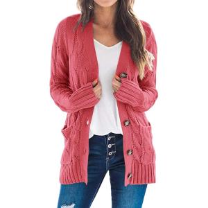 imagePRETTYGARDEN Womens Open Front Cardigan Sweaters Fall Fashion Button Down Cable Knit Chunky Winter Clothing Outerwear CoatsVermilion